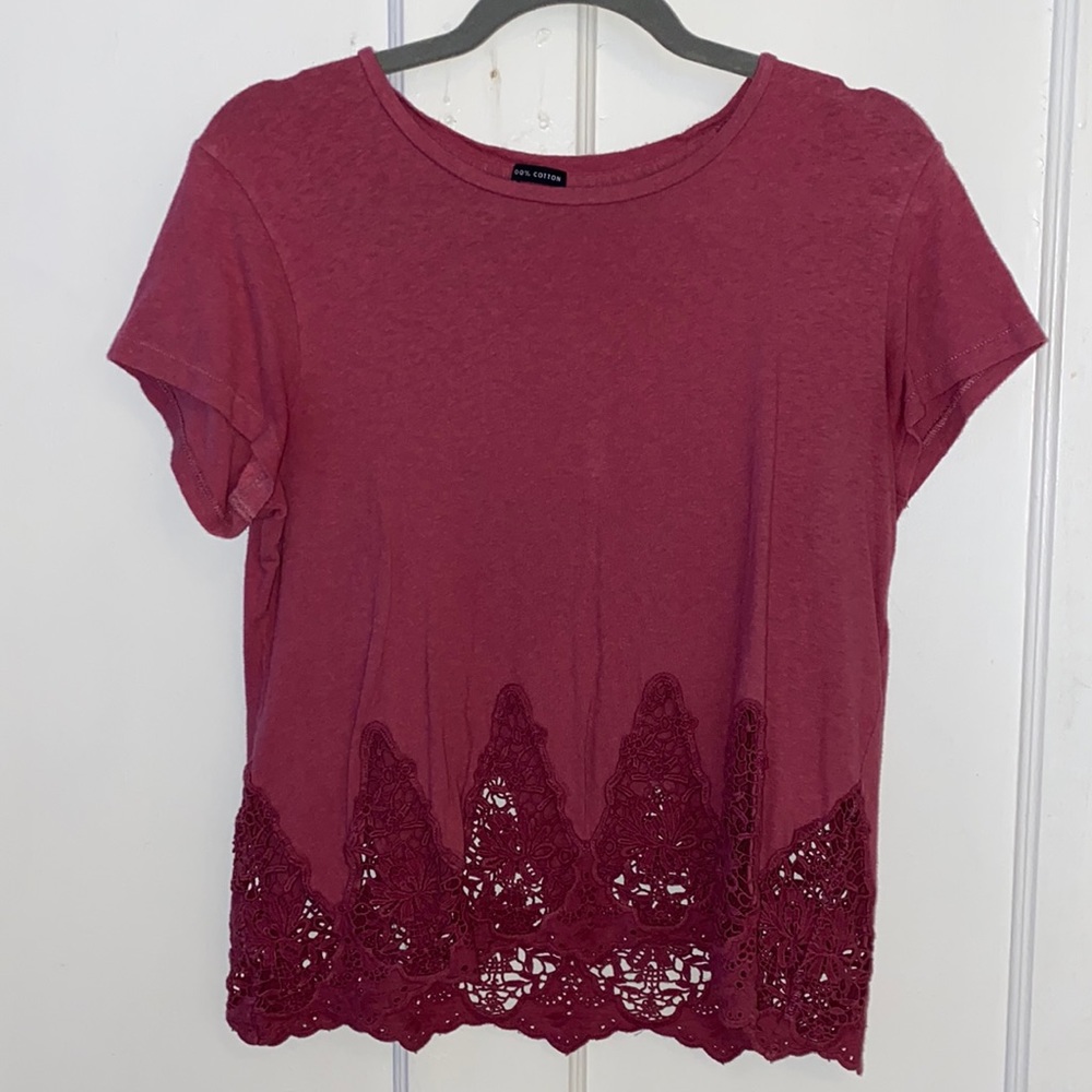 red short sleeved shirt with see through hem